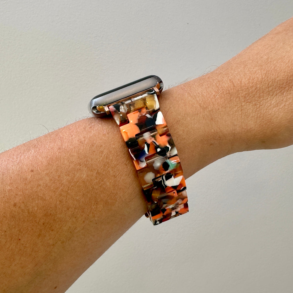 side view of woman wearing acrylic Apple Watch Band in Hottie Patottie Multi