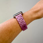 side view of woman wearing acrylic Apple Watch Band in Lilac