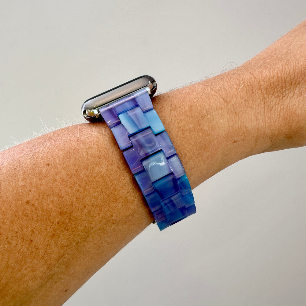 side view of woman wearing acrylic Apple Watch Band in Periwinkle