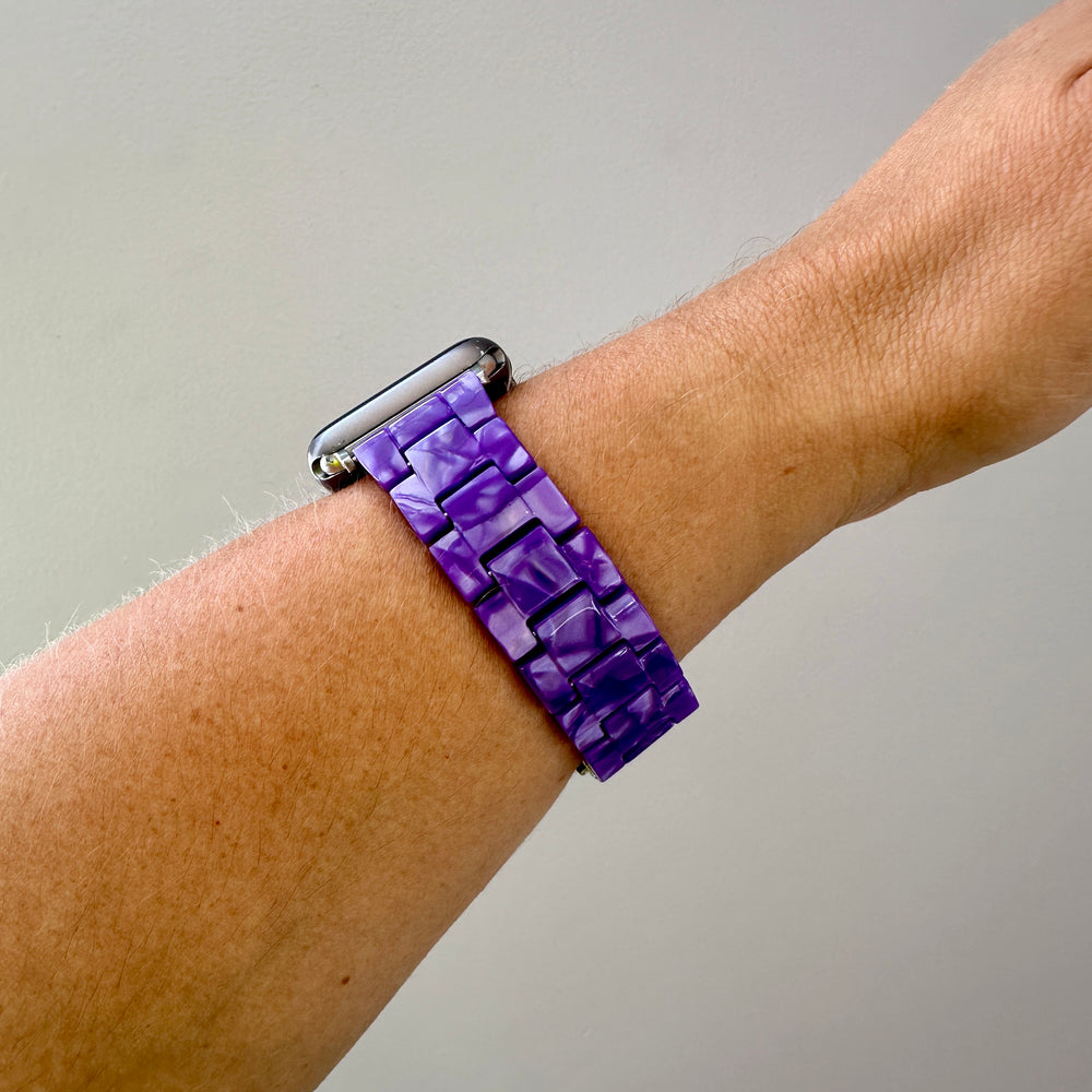 side view of woman wearing acrylic Apple Watch Band in Worth the Hassle bright purple