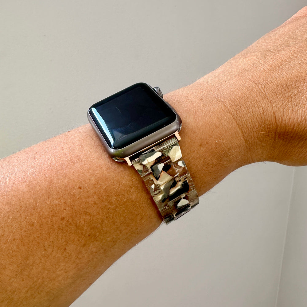 woman wearing Acrylic Apple Watch Band in Galactic black white iridescent