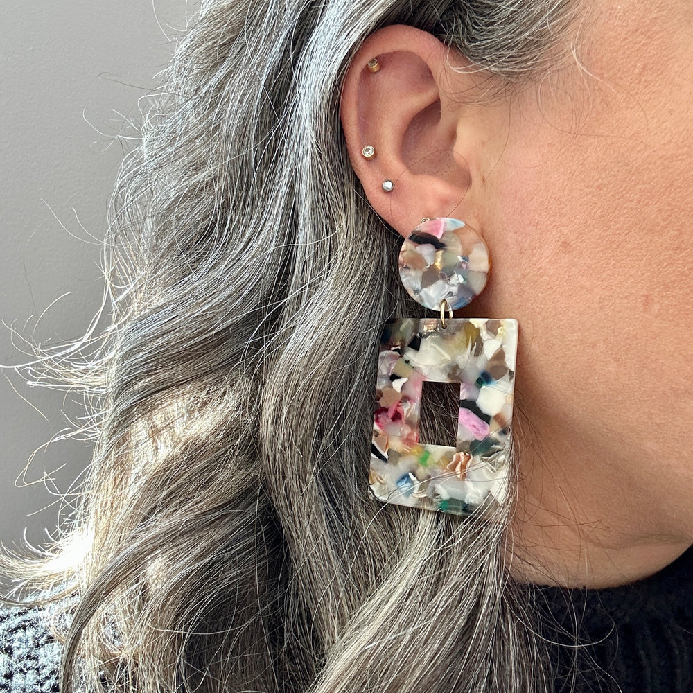 woman wearing Acrylic Square Drop Earrings in light Multicolor