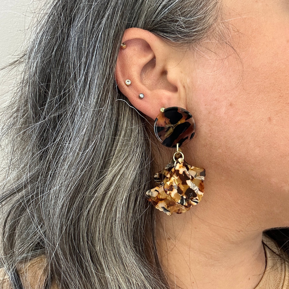 woman wearing Mini acrylic Petal Drop Earrings in Peanut Brittle brown