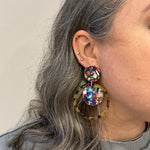 woman wearing a Acrylic orbital drop earring in tortoise and multicolor 