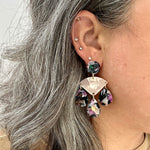 woman wearing acrylic Chandelier Drop Earrings in pink and multicolor