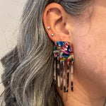 woman wearing acrylic Fringe Earrings in Rainbow Bright