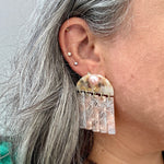 woman wearing acrylic Fringe Earrings in pink, white and beige