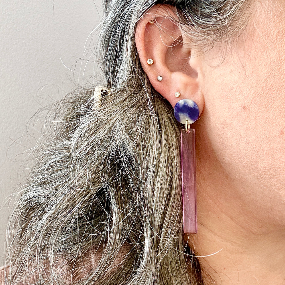 woman wearing acrylic Matchstick Drop Earrings in Electric Grape