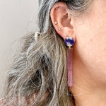 woman wearing acrylic Matchstick Drop Earrings in Electric Grape