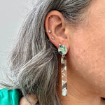 woman wearing acrylic Matchstick Drop Earrings in Mint To Be mint green and charcoal gray