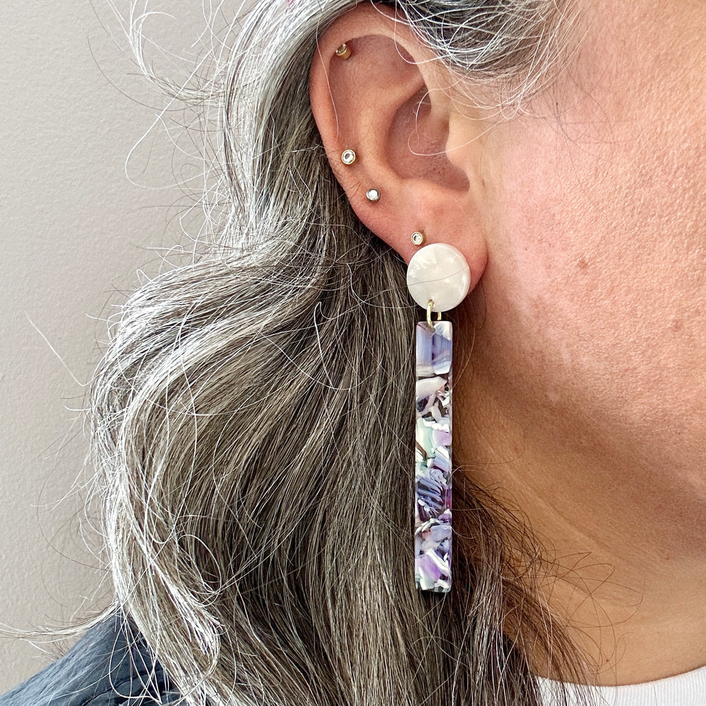 woman wearing acrylic Matchstick Drop Earrings in Pastel Me More purple, pink, mint green and white