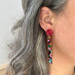 woman wearing acrylic Matchstick Drop Earrings in Swoon In The Lagoon magenta, green, yellow and white