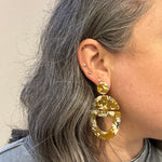 woman wearing acrylic Open Tab Drop Earrings in Busy Bee yellow, cream and black