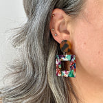 woman wearing acrylic Square Drop Earrings in Festive AF, tortoise and multicolor 