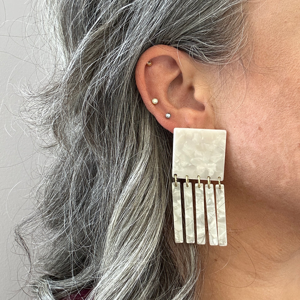 woman wearing acrylic Square Fringe Earrings in White