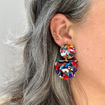 woman wearing acrylic Tab Drop Earrings in rainbow multicolor