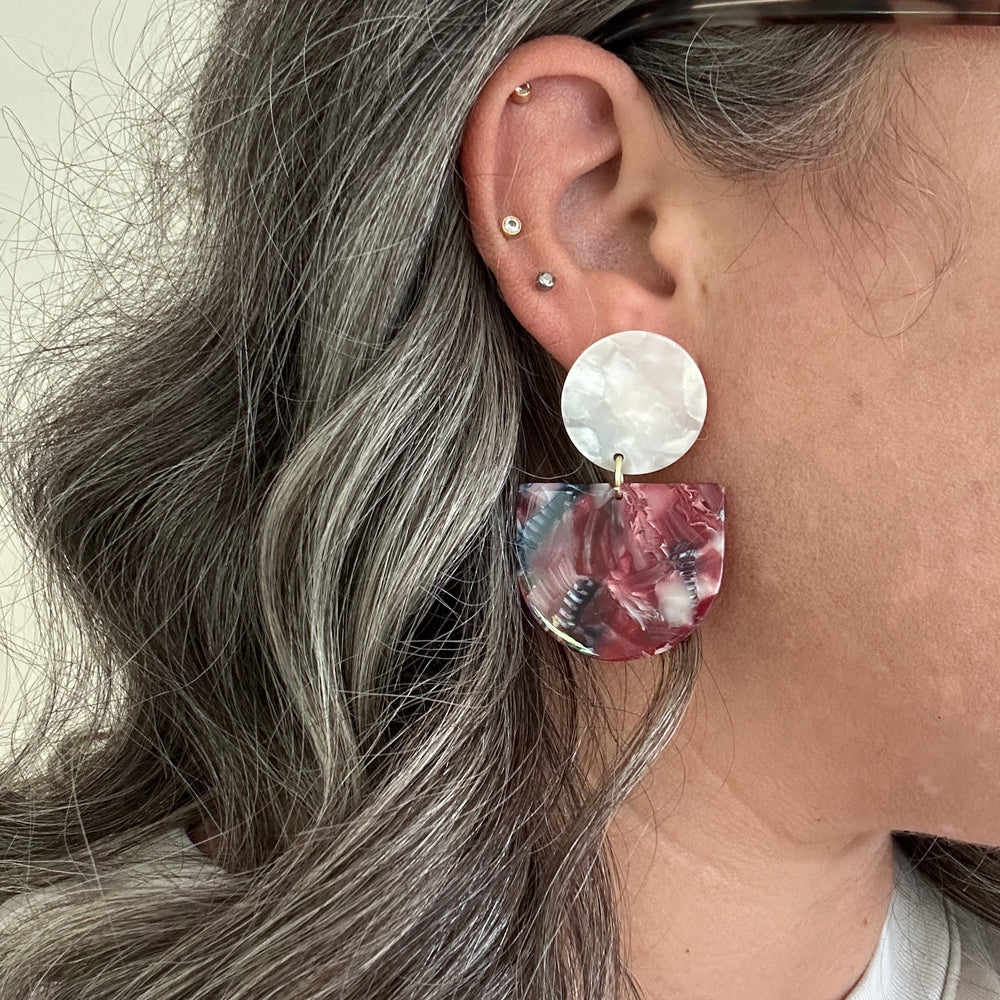 woman wearing acrylic Tab Drop Earrings in red, white and blue