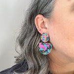 woman wearing acrylic Tab Drop Earrings in yellow, pink and blue