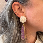 woman wearing acrylic flower Petal Drop Earrings in white, purple, blue and yellow