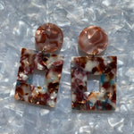 Acrylic Square Drop Earrings in Fall Harvest, red, blue, brown and cream