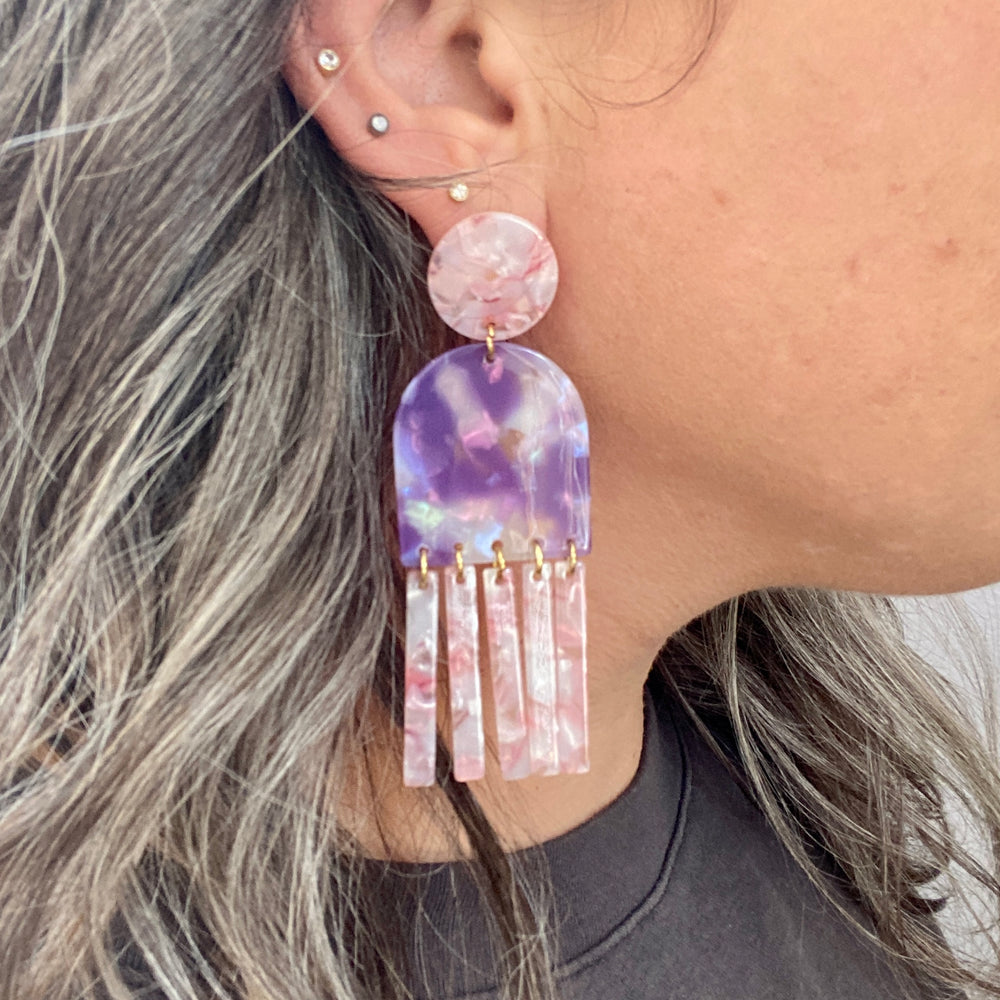 Tab and Fringe Earrings in Pink and Purple