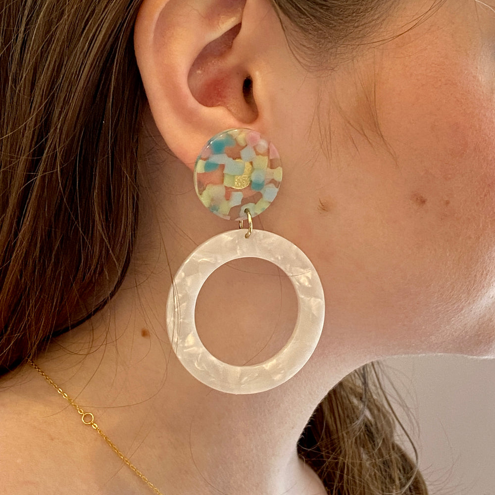 Open Circle Drop Earrings in White and Pastel Confetti