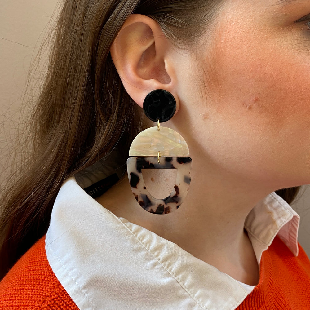 Open Tab Drop Earrings in Black and Iridescent Cream