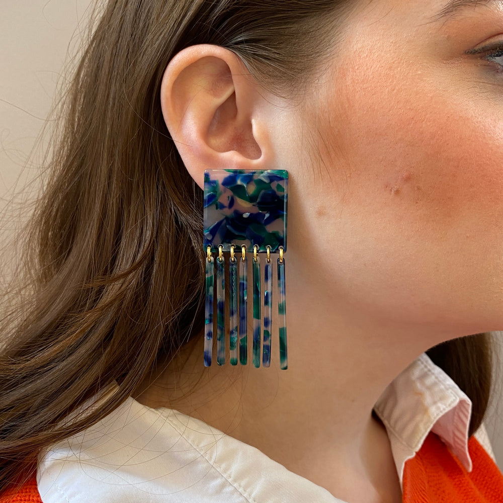 Square Fringe Earrings in Blue and Green