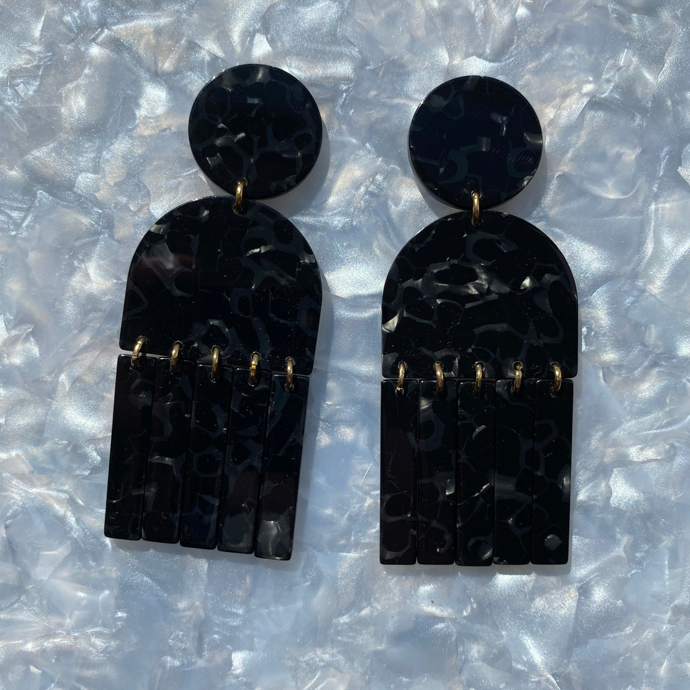 Tab and Fringe Drop Earrings in Black