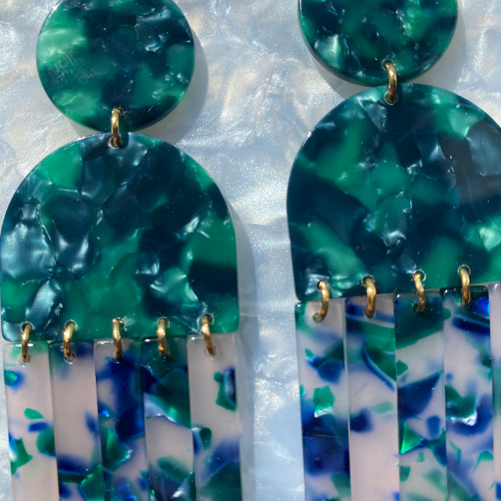Tab and Fringe Drop Earrings in Blue and Green