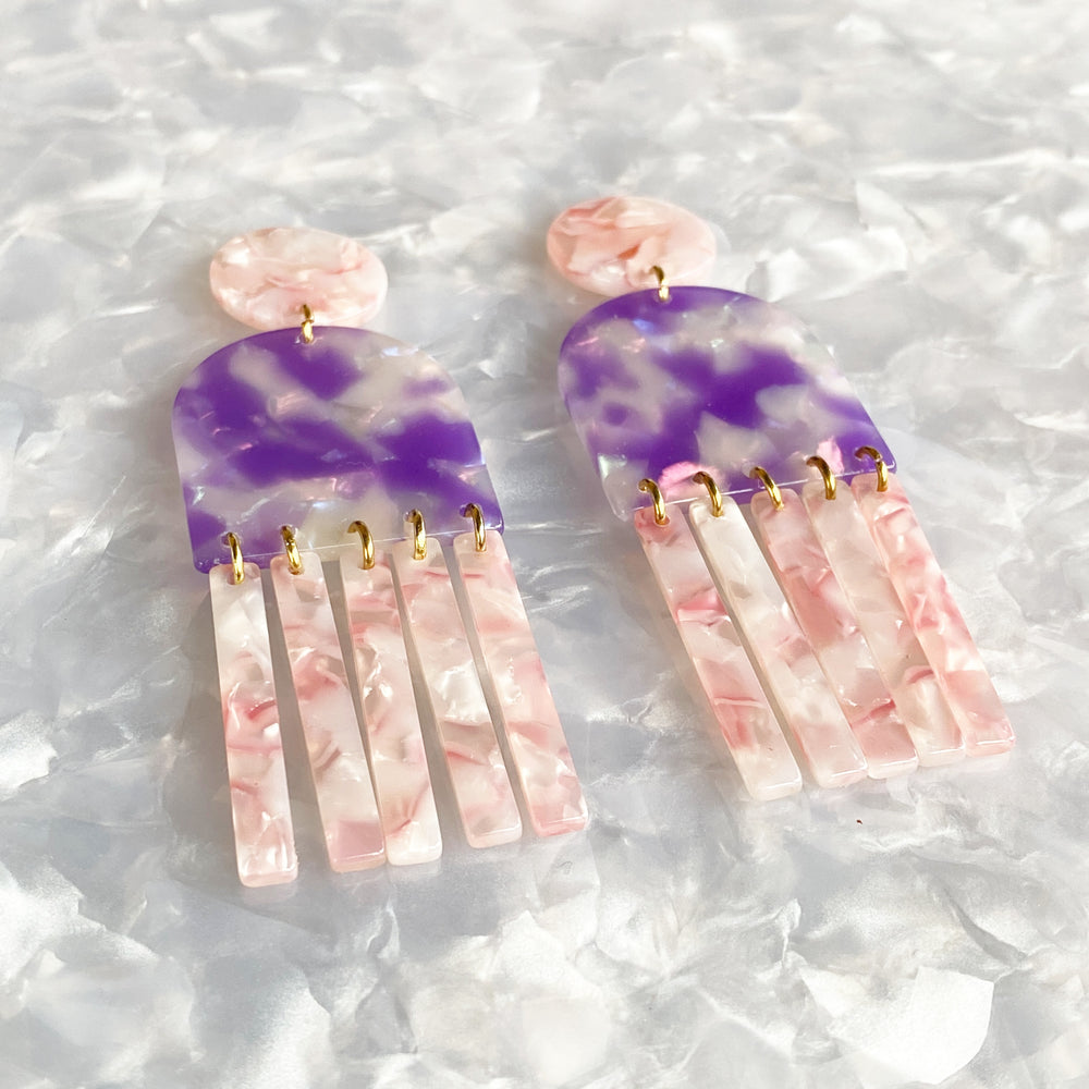 Tab and Fringe Earrings in Pink and Purple