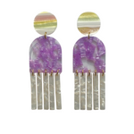 Tab and Fringe Earrings in Purple with White Fringe