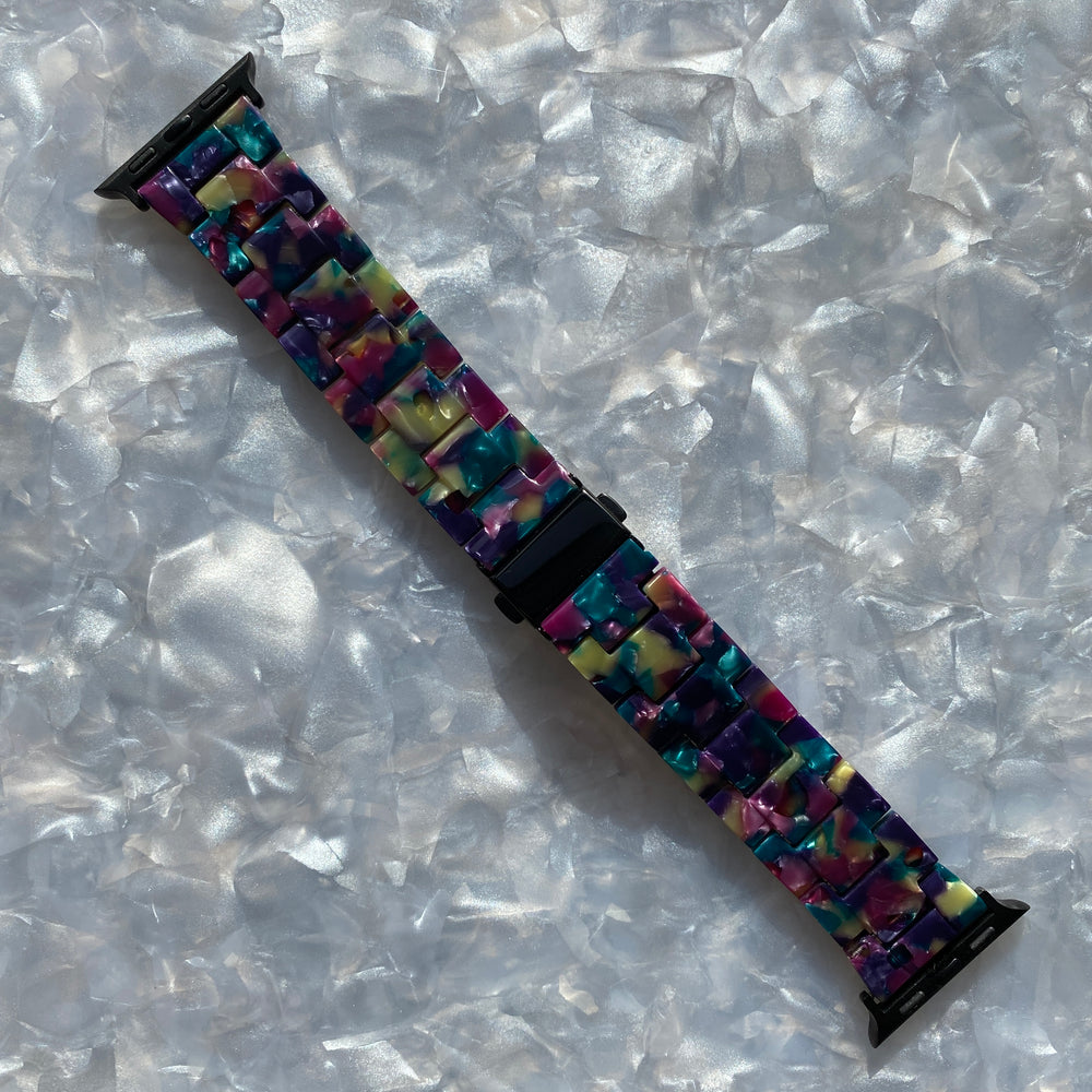 acrylic Apple watch band in dark multicolor teal green purple navy blue golden yellow magenta pink_main