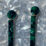 woman wearing acrylic Matchstick Drop Earrings in Emerald Green